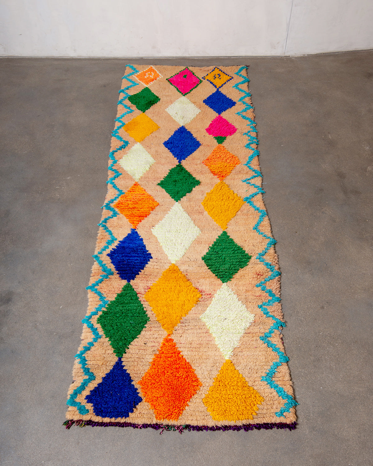 Modern, designer, handcrafted Berber runner rug from Morocco. Vintage carpet with beautiful colours and patterns and fluffy texture.